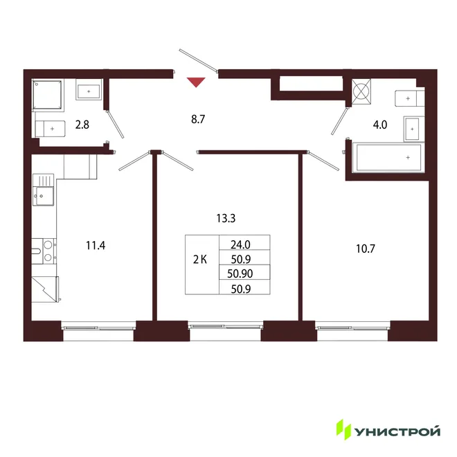 Планировка 2-комн. квартира, 50.9 м² ЖК «Лисино» Планировка 2-комн. квартира, 50.9 м² ЖК «Лисино»