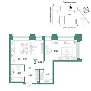 Планировка 2-комн. квартира, 52.84 м² ЖК «Микрорайон Звездный»