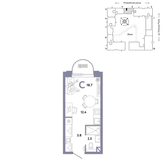 Планировка Студия, 18.7 м² ЖК «Страна.Заречная»