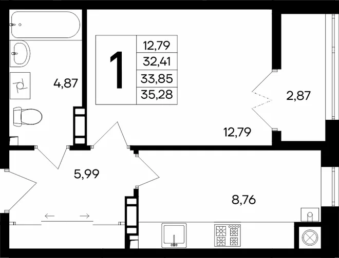 Планировка 1-комн. квартира, 35.28 м² ЖК «Сезоны»