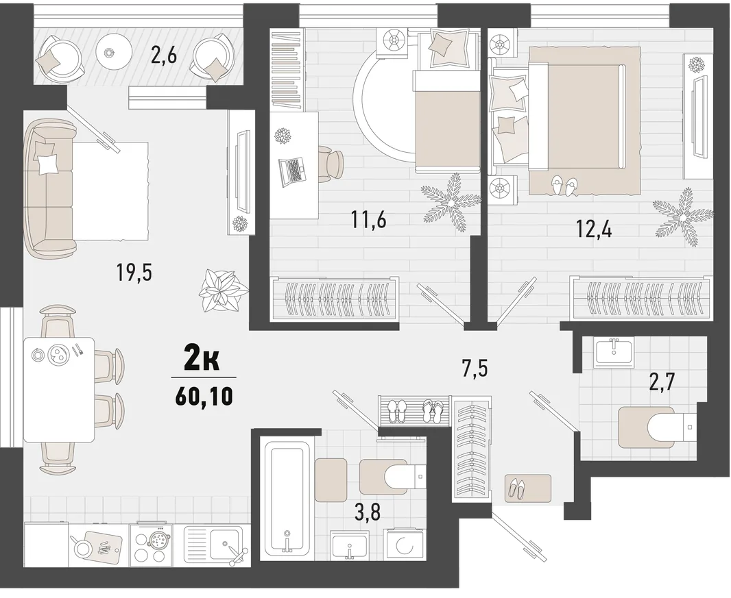 Планировка 2-комн. квартира, 60.1 м² ЖК «Барса»