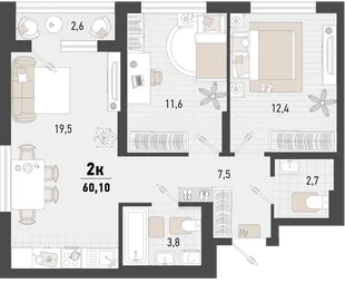 Планировка 2-комн. квартира, 60.1 м² ЖК «Барса»