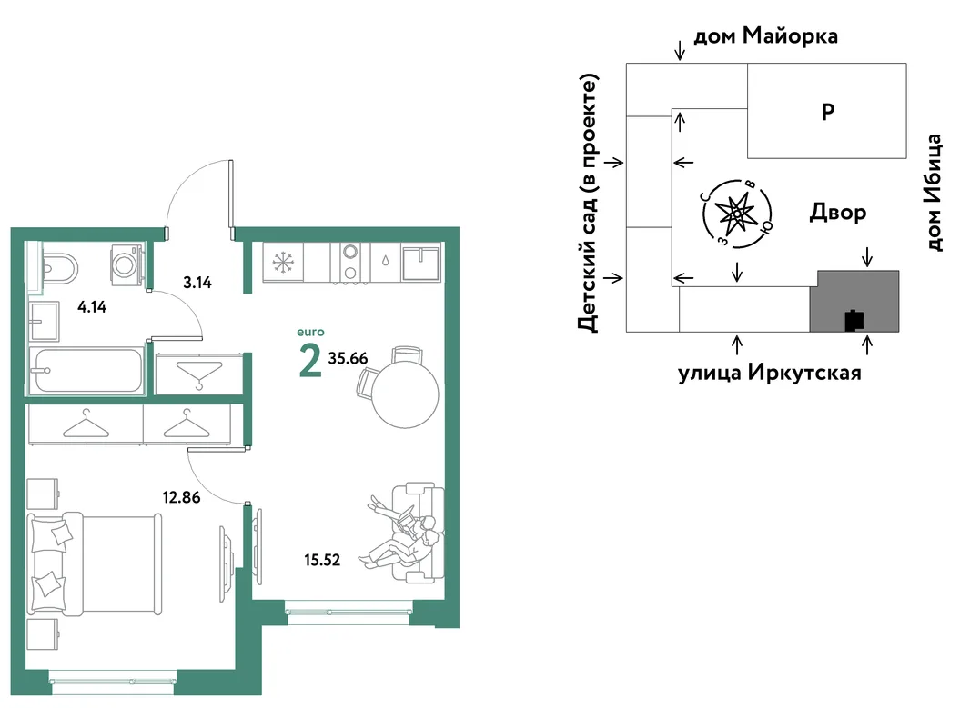 Планировка 2-комн. квартира, 35.66 м² ЖК «Остров-сад»