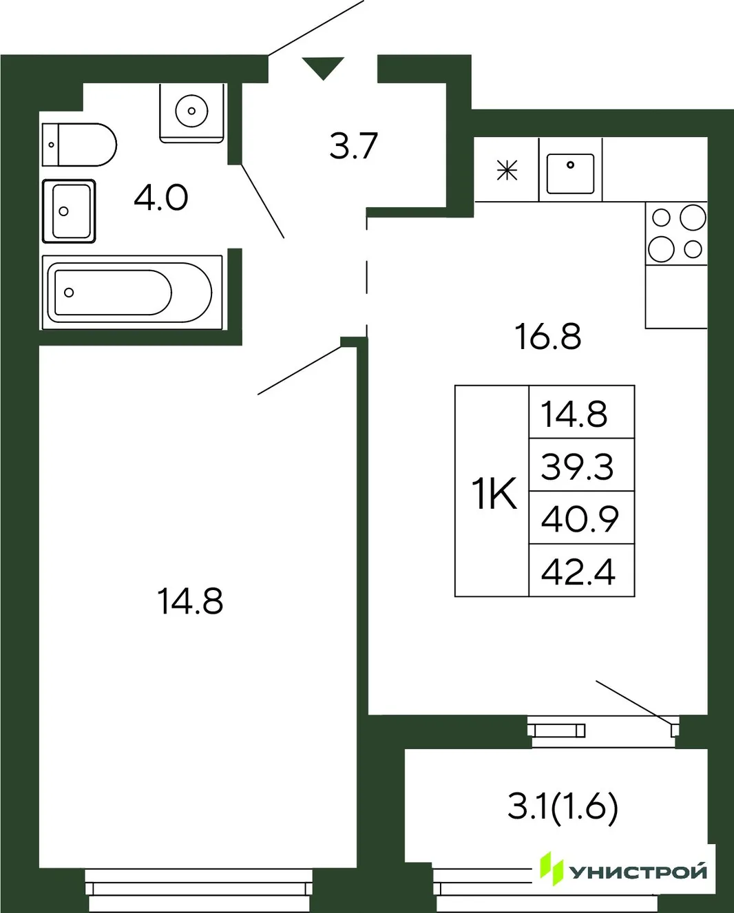 Планировка 1-комн. квартира, 40.9 м² ЖК «Парковый квартал 2.0»