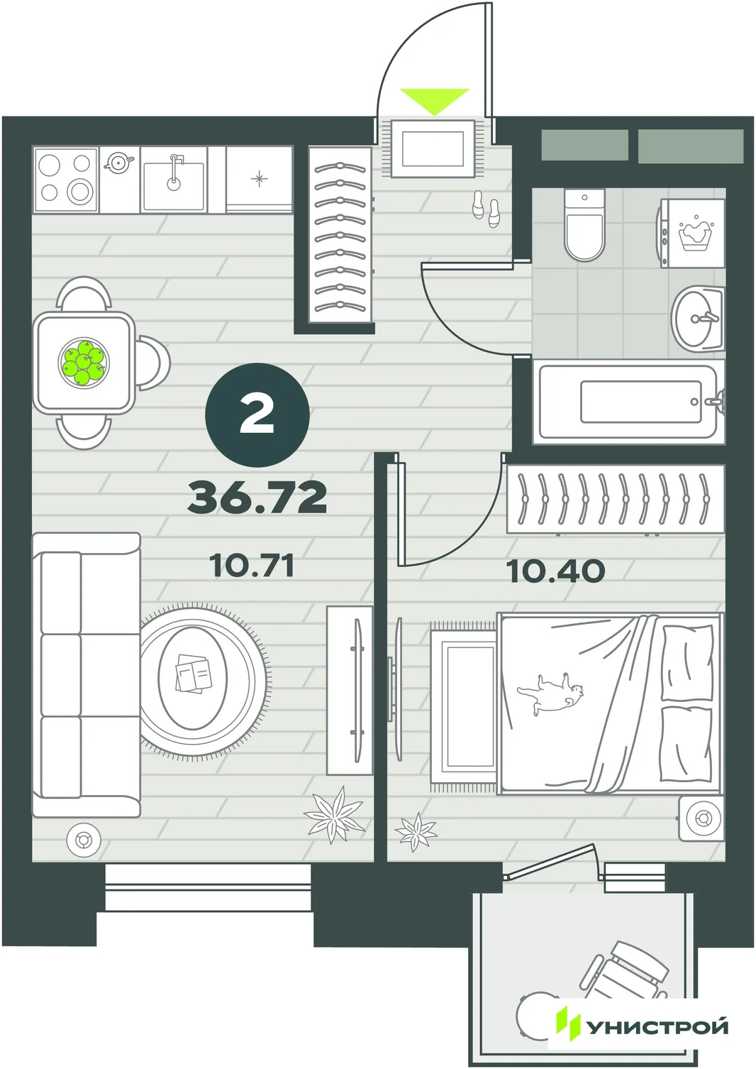 Планировка 2-комн. квартира, 36.72 м² ЖК «Уникум на Энгельса»