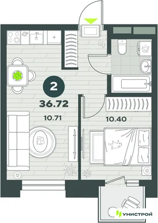 Планировка 2-комн. квартира, 36.72 м² ЖК «Уникум на Энгельса»