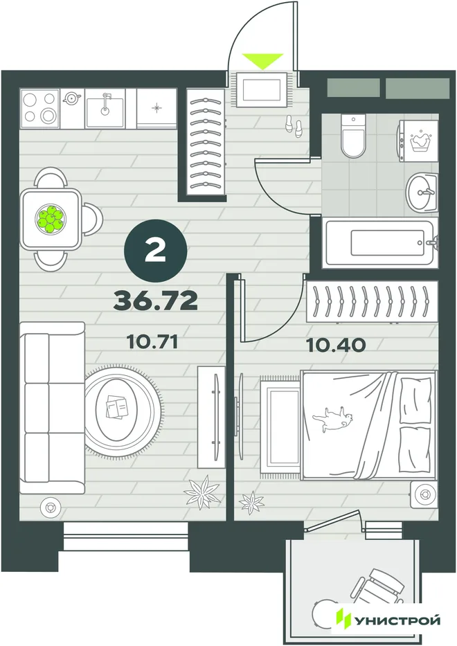 Планировка 2-комн. квартира, 36.72 м² ЖК «Уникум на Энгельса» Планировка 2-комн. квартира, 36.72 м² ЖК «Уникум на Энгельса»