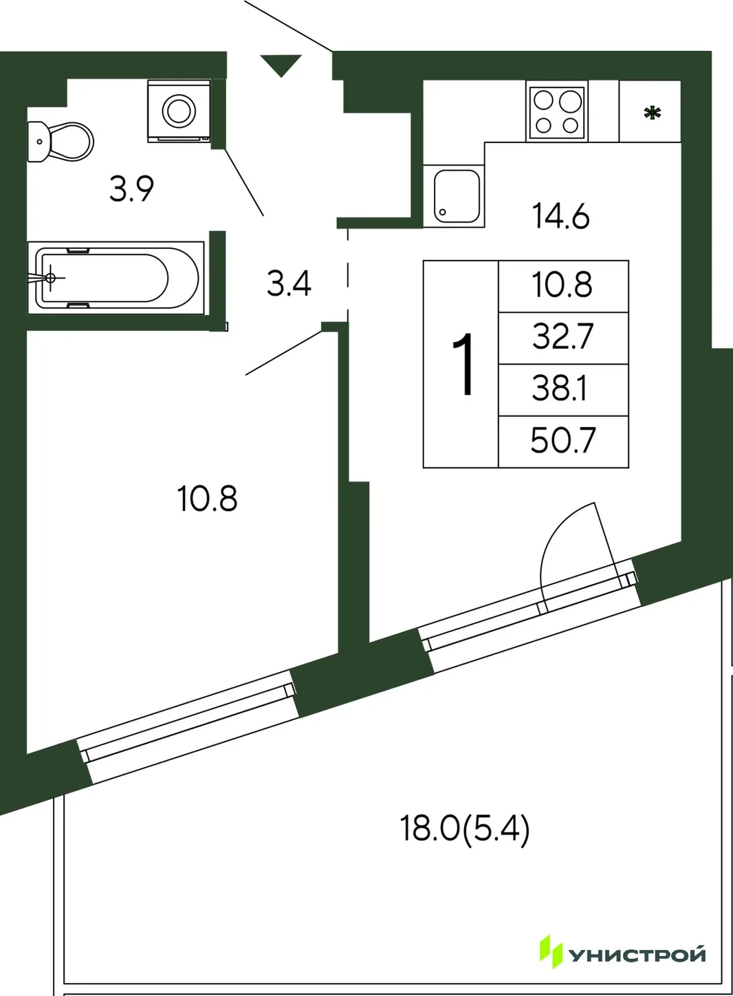 Планировка 1-комн. квартира, 38.1 м² ЖК «Парковый квартал 2.0»