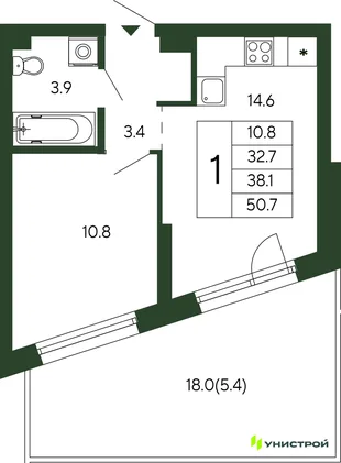 Планировка 1-комн. квартира, 38.1 м² ЖК «Парковый квартал 2.0»