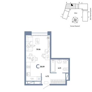 Планировка Студия, 28.09 м² ЖК «Микрорайон Домашний»