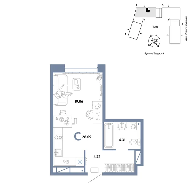 Планировка Студия, 28.09 м² ЖК «Микрорайон Домашний» Планировка Студия, 28.09 м² ЖК «Микрорайон Домашний»