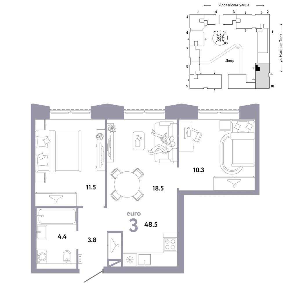 Планировка 3-комн. квартира, 48.5 м² ЖК «Страна.Заречная»