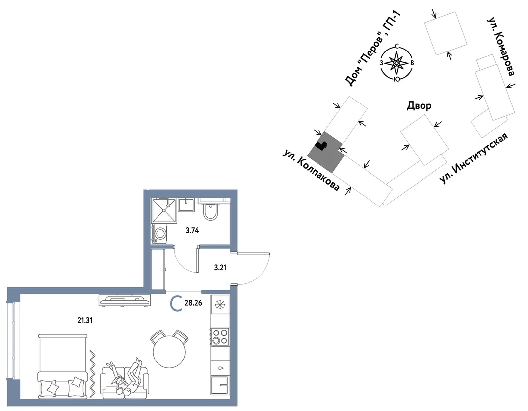 Планировка Студия, 28.26 м² ЖК «Страна.Парковая»