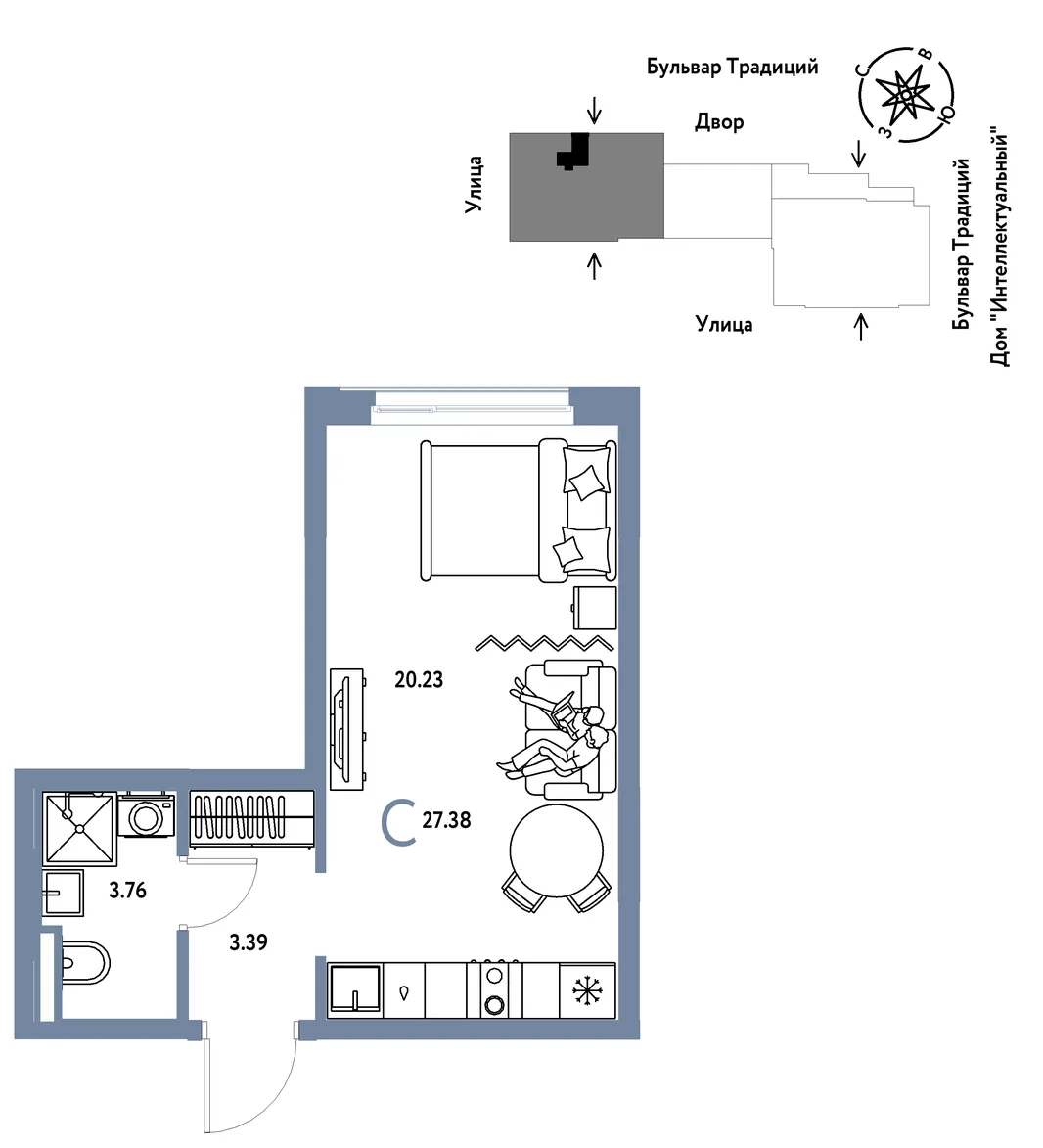Планировка Студия, 27.38 м² ЖК «Микрорайон Домашний»
