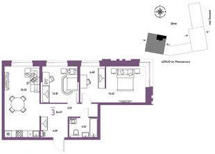 Планировка 3-комн. квартира, 64.67 м² ЖК «Сибирский сад»