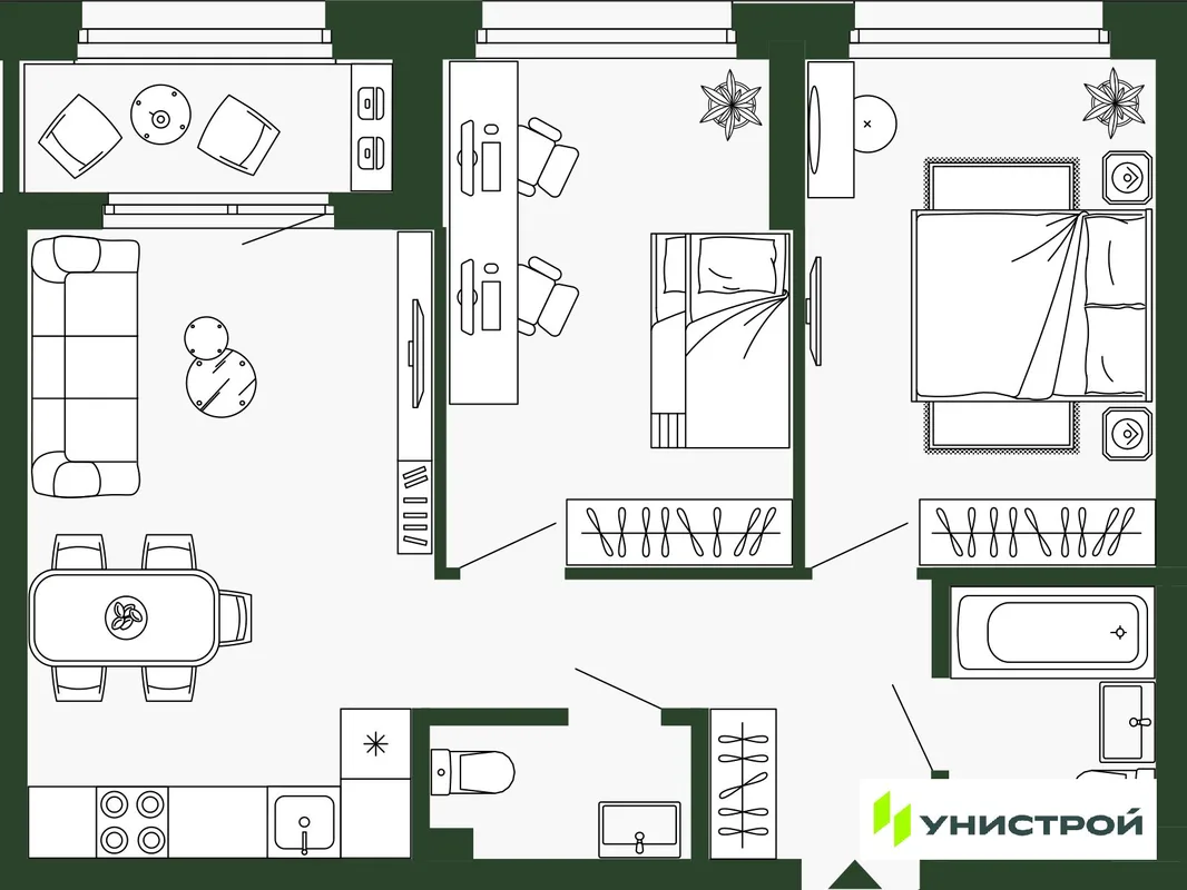 Планировка 2-комн. квартира, 59.1 м² ЖК «Парковый квартал 2.0»