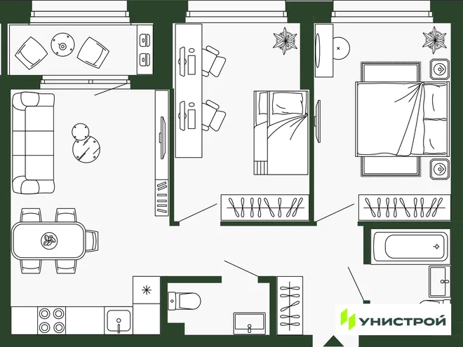 Планировка 2-комн. квартира, 59.1 м² ЖК «Парковый квартал 2.0» Планировка 2-комн. квартира, 59.1 м² ЖК «Парковый квартал 2.0»
