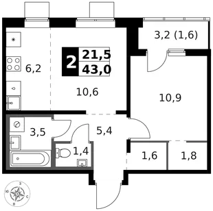 Квартира 2-комн. квартира, 44.1 м² ЖК «1-й Ясеневский» Фото 1