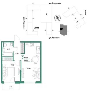 Планировка 2-комн. квартира, 41.69 м² ЖК «Остров-сад»