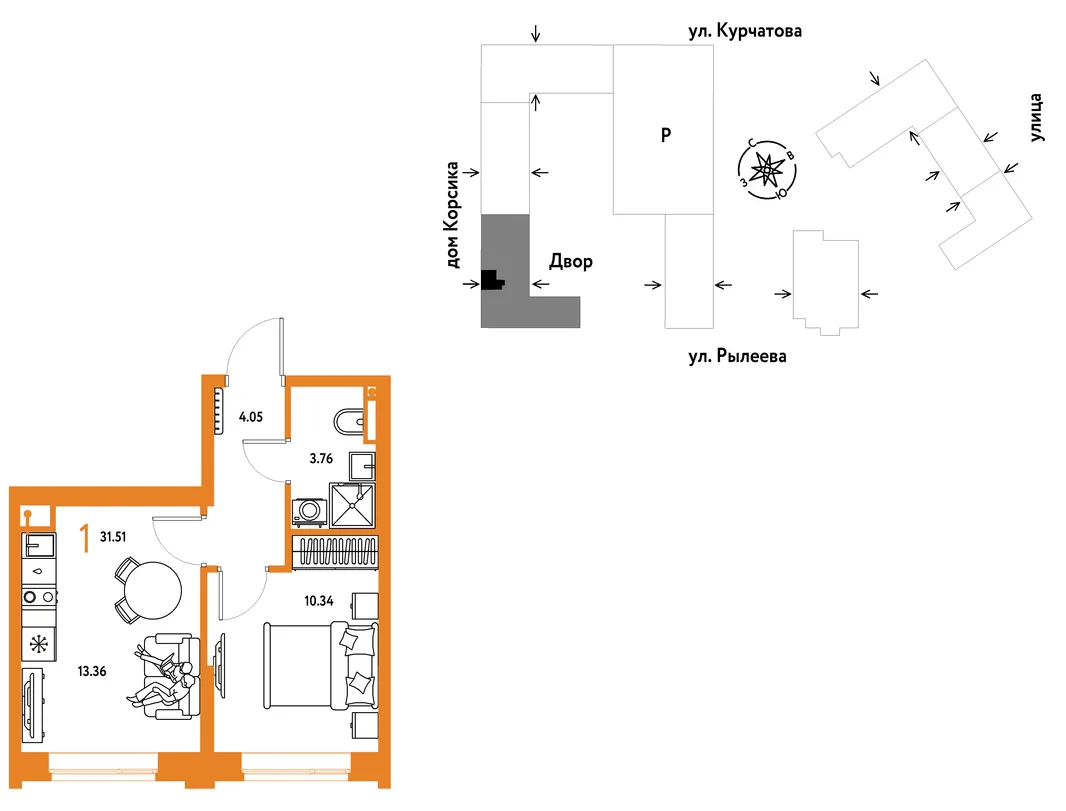 Планировка 1-комн. квартира, 31.67 м² ЖК «Остров-сад»