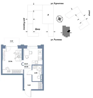 Планировка Студия, 33.01 м² ЖК «Остров-сад»