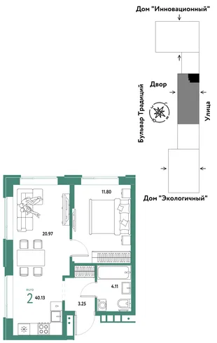 Планировка 2-комн. квартира, 40.13 м² ЖК «Микрорайон Домашний»