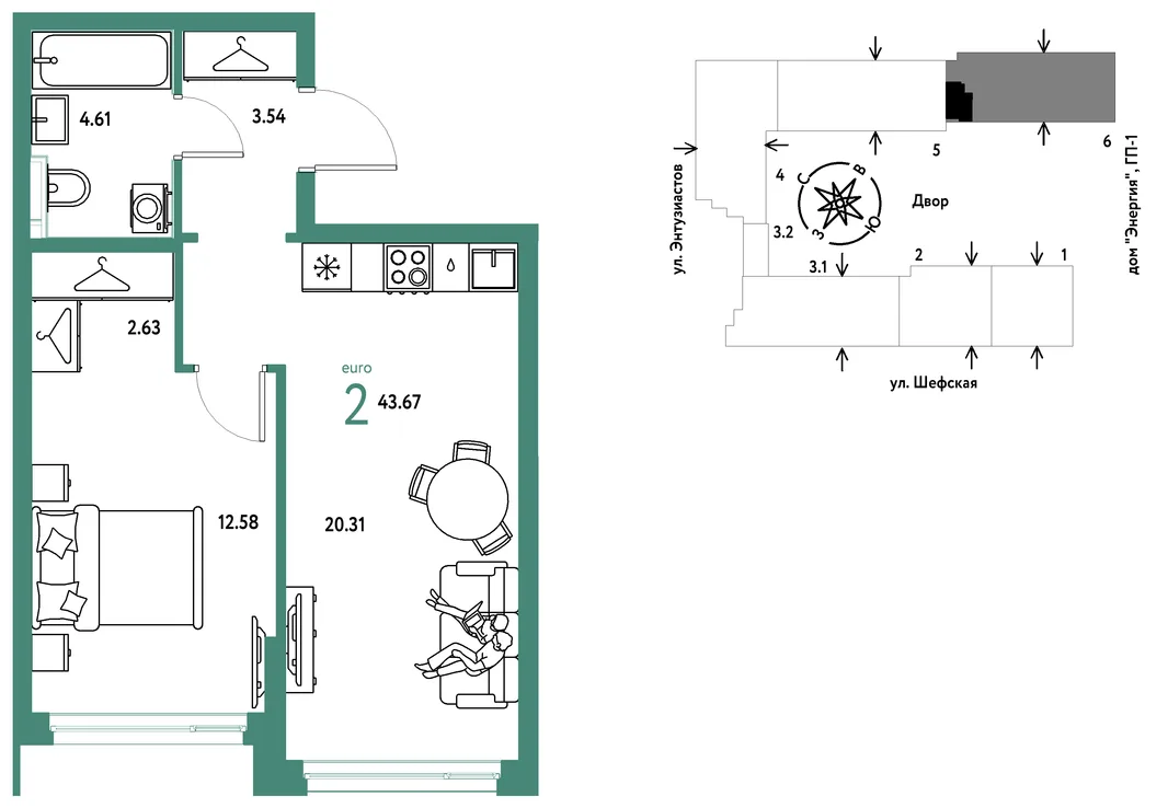 Планировка 2-комн. квартира, 43.67 м² ЖК «Страна.Энтузиастов»