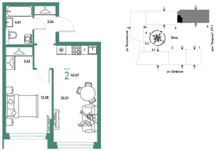 Планировка 2-комн. квартира, 43.67 м² ЖК «Страна.Энтузиастов»
