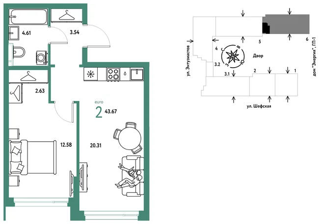 Планировка 2-комн. квартира, 43.67 м² ЖК «Страна.Энтузиастов» Планировка 2-комн. квартира, 43.67 м² ЖК «Страна.Энтузиастов»