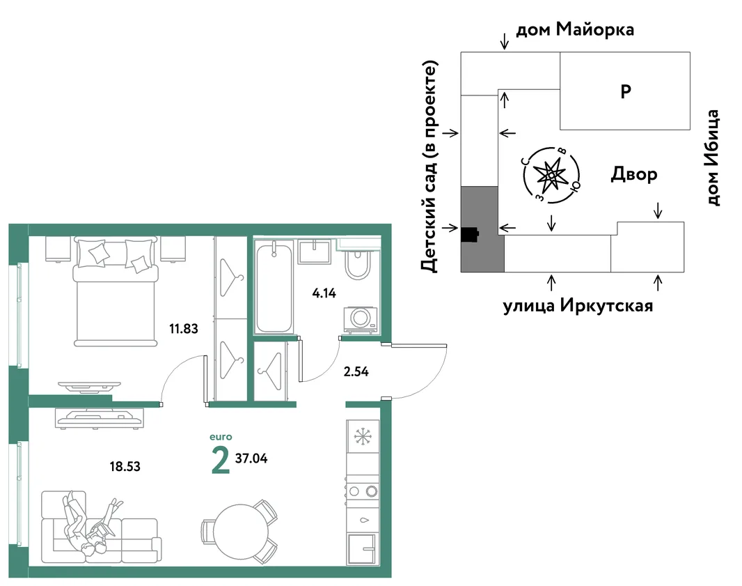 Планировка 2-комн. квартира, 37.04 м² ЖК «Остров-сад»
