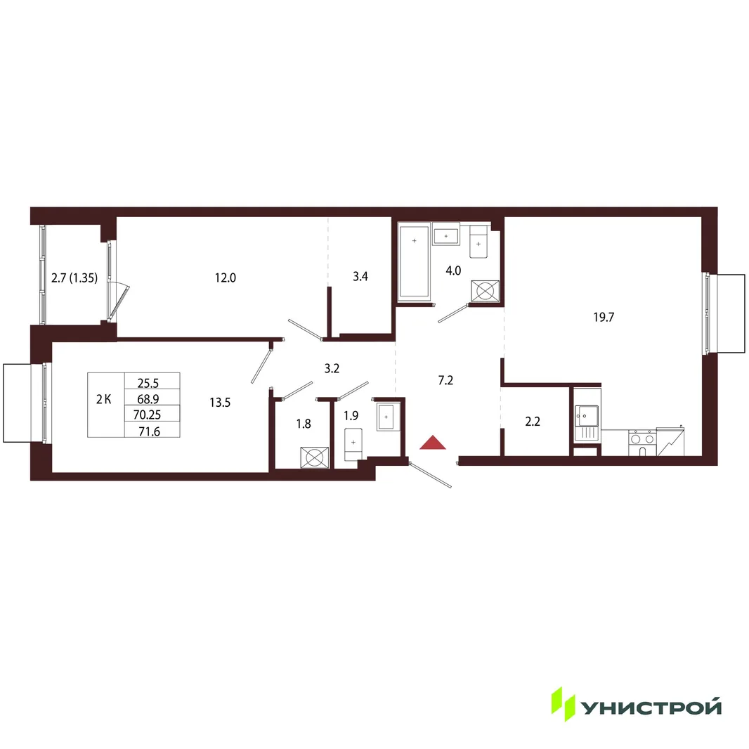 Планировка 2-комн. квартира, 70.25 м² ЖК «Лисино»