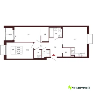 Планировка 2-комн. квартира, 70.25 м² ЖК «Лисино»