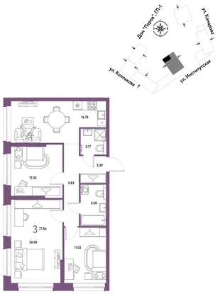 Планировка 3-комн. квартира, 77.56 м² ЖК «Страна.Парковая»
