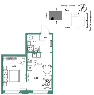 Планировка 2-комн. квартира, 35.42 м² ЖК «Микрорайон Домашний»