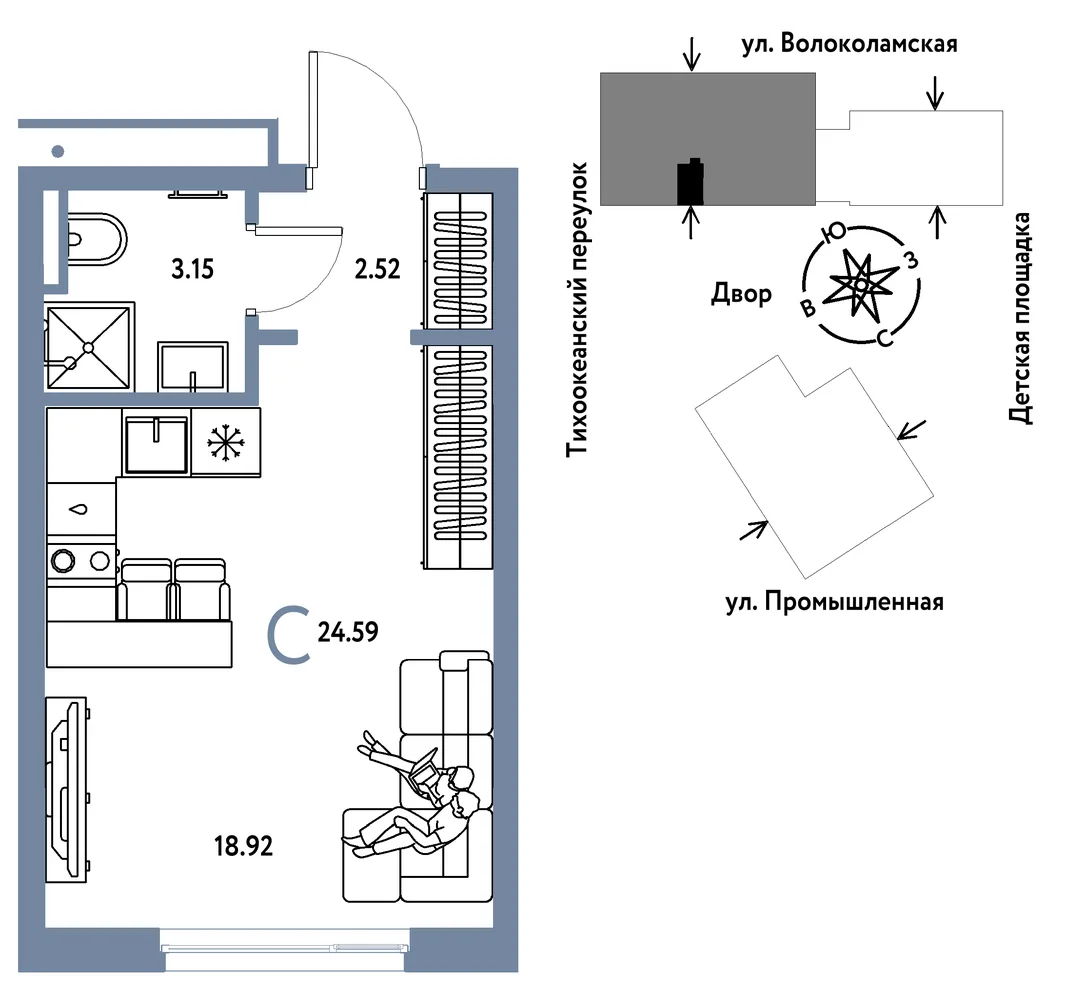 Планировка Студия, 24.59 м² ЖК «Страна Прибрежная»