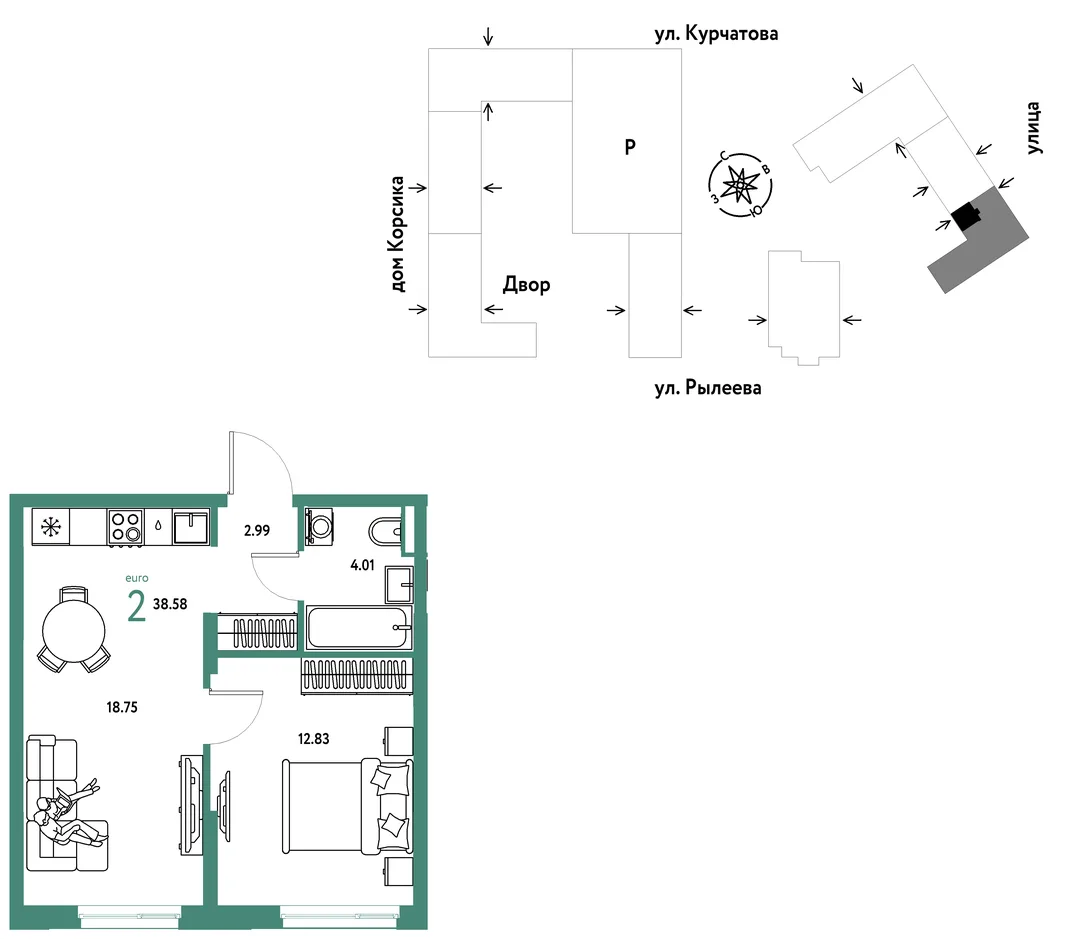 Планировка 2-комн. квартира, 38.75 м² ЖК «Остров-сад»