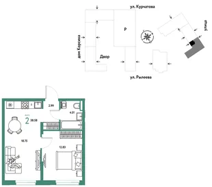 Планировка 2-комн. квартира, 38.75 м² ЖК «Остров-сад»