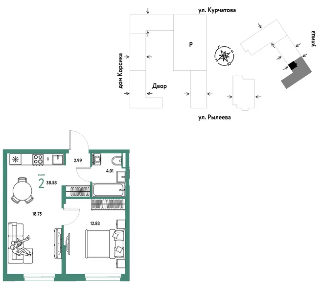 Планировка 2-комн. квартира, 38.75 м² ЖК «Остров-сад» Планировка 2-комн. квартира, 38.75 м² ЖК «Остров-сад»