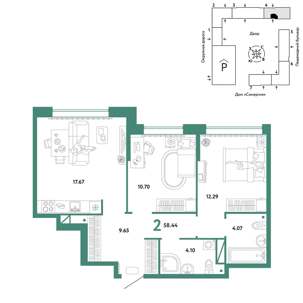 Планировка 2-комн. квартира, 58.44 м² ЖК «Юнион»