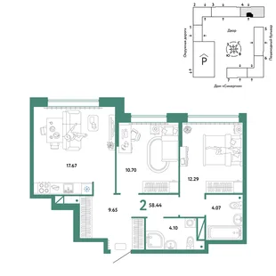 Планировка 2-комн. квартира, 58.44 м² ЖК «Юнион»