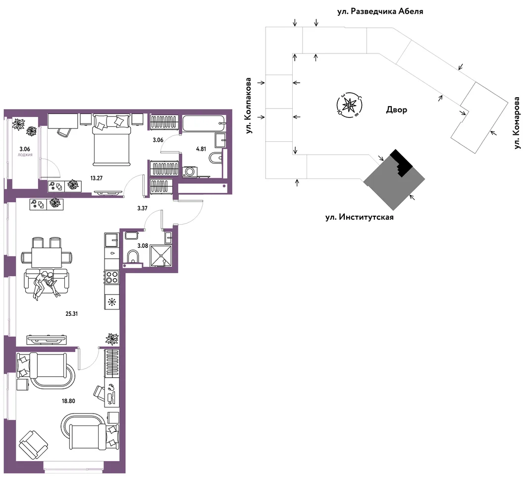 Планировка 3-комн. квартира, 74.76 м² ЖК «Страна.Парковая»