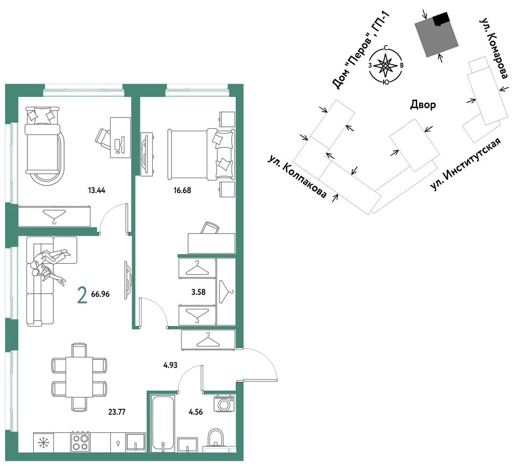 Планировка 2-комн. квартира, 66.96 м² ЖК «Страна.Парковая»