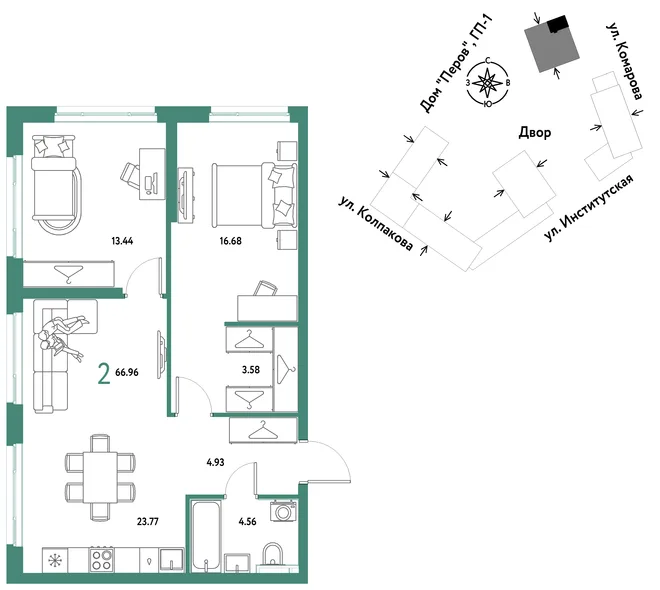 Планировка 2-комн. квартира, 66.96 м² ЖК «Страна.Парковая» Планировка 2-комн. квартира, 66.96 м² ЖК «Страна.Парковая»