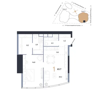 Планировка 1-комн. квартира, 65.7 м² ЖК «АУРУС Резиденции»