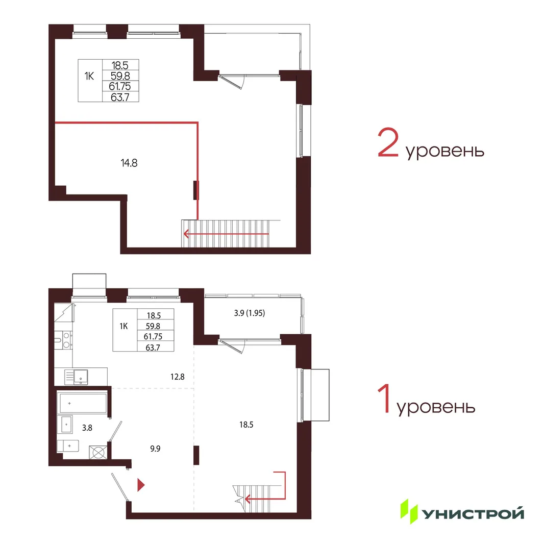 Планировка 1-комн. квартира, 61.75 м² ЖК «Лисино»