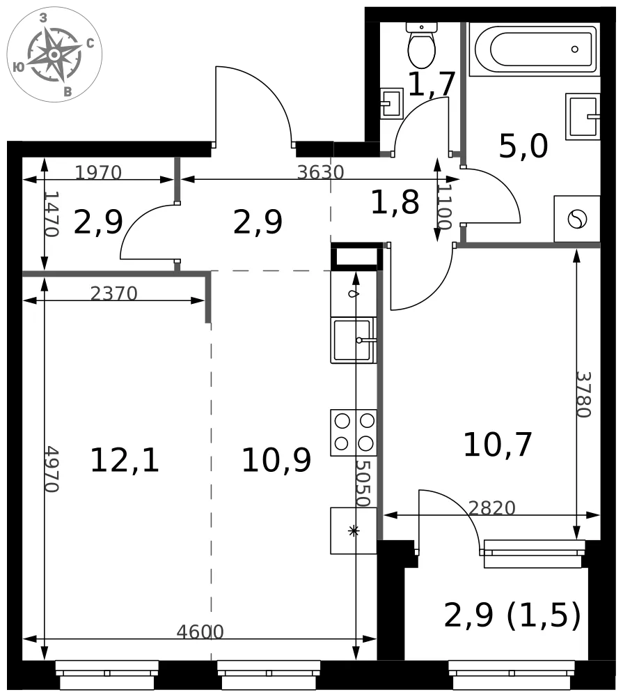 Планировка 2-комн. квартира, 49.5 м² ЖК «1-й Химкинский»