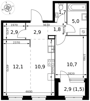 Планировка 2-комн. квартира, 49.5 м² ЖК «1-й Химкинский»