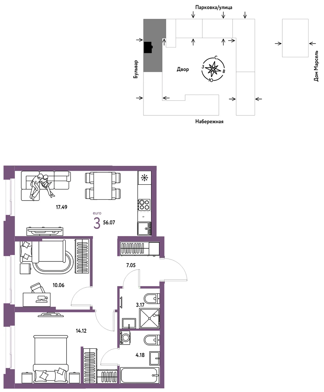 Планировка 3-комн. квартира, 56.07 м² ЖК «Европейский берег 2.0»