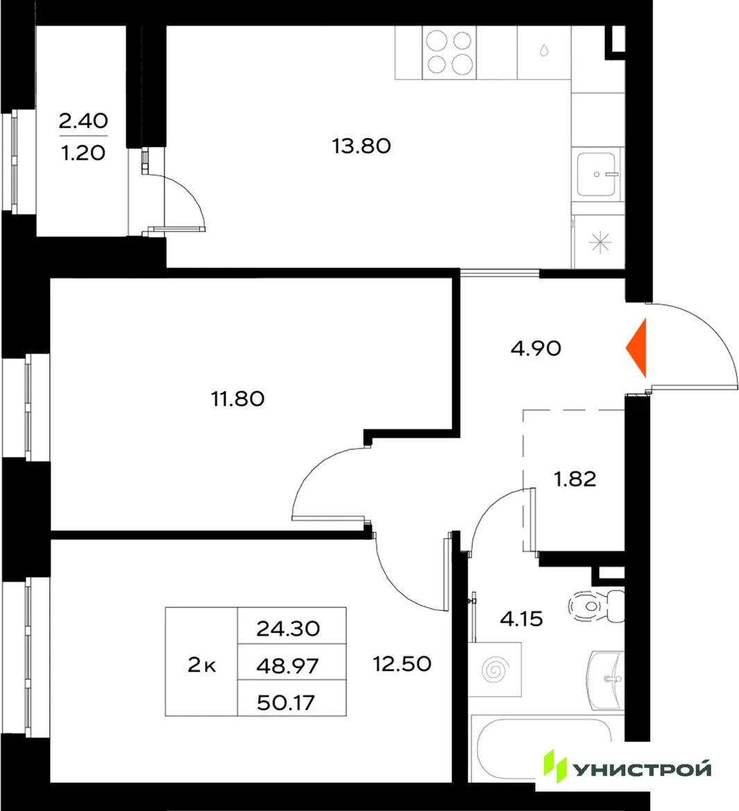 Планировка 2-комн. квартира, 50.17 м² ЖК «Уникод на Технической»