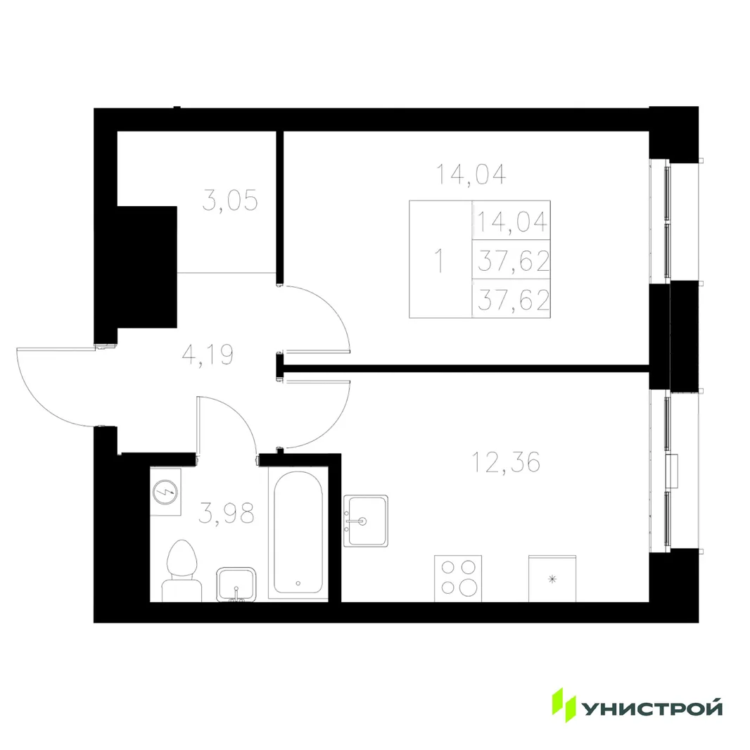 Планировка 1-комн. квартира, 37.62 м² ЖК «Statum»